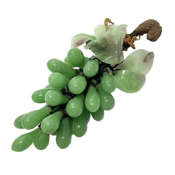 Vintage 1950s Peking Art Glass Chinese Jade Grape Cluster with Leaves Green Rare - Picture 1 of 9